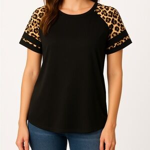 Leopard Patch Sleeve Tee | Black Colorblock Top | Size M